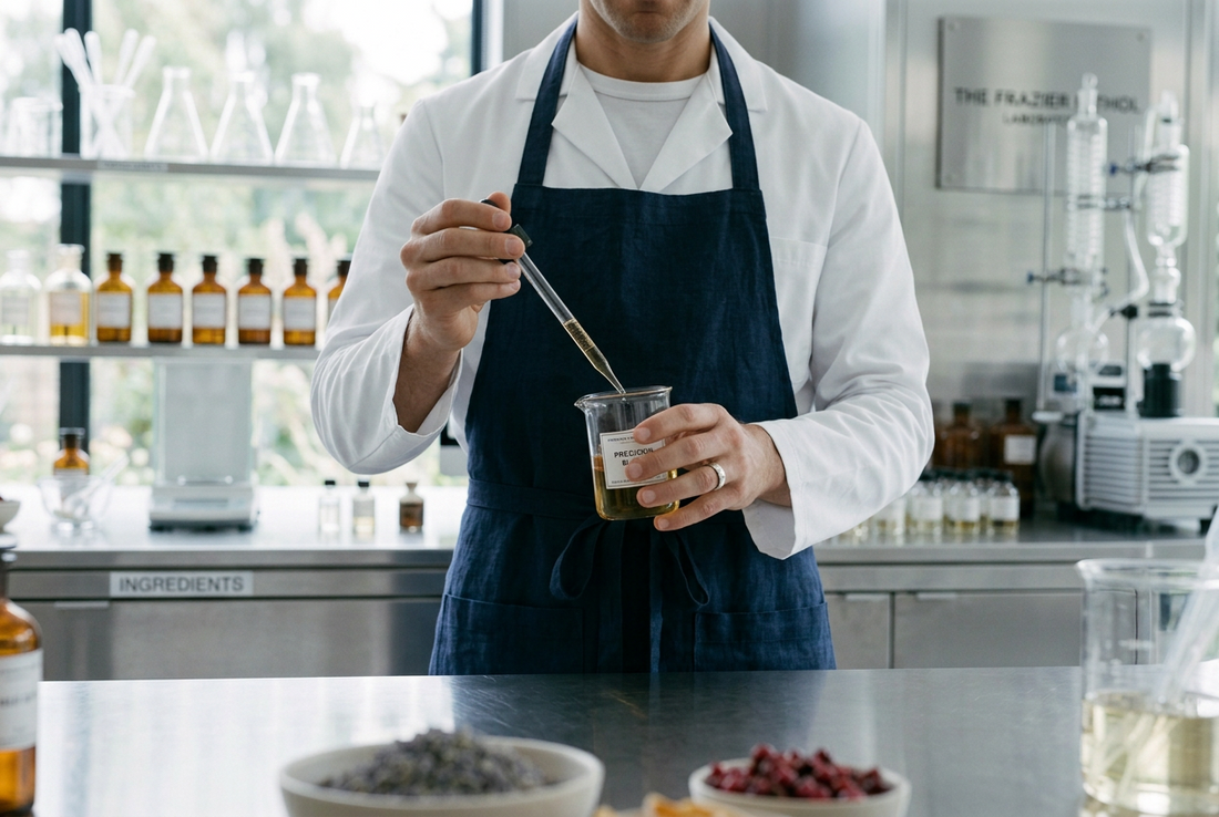 Perfumer in an apron working in a fragrance lab