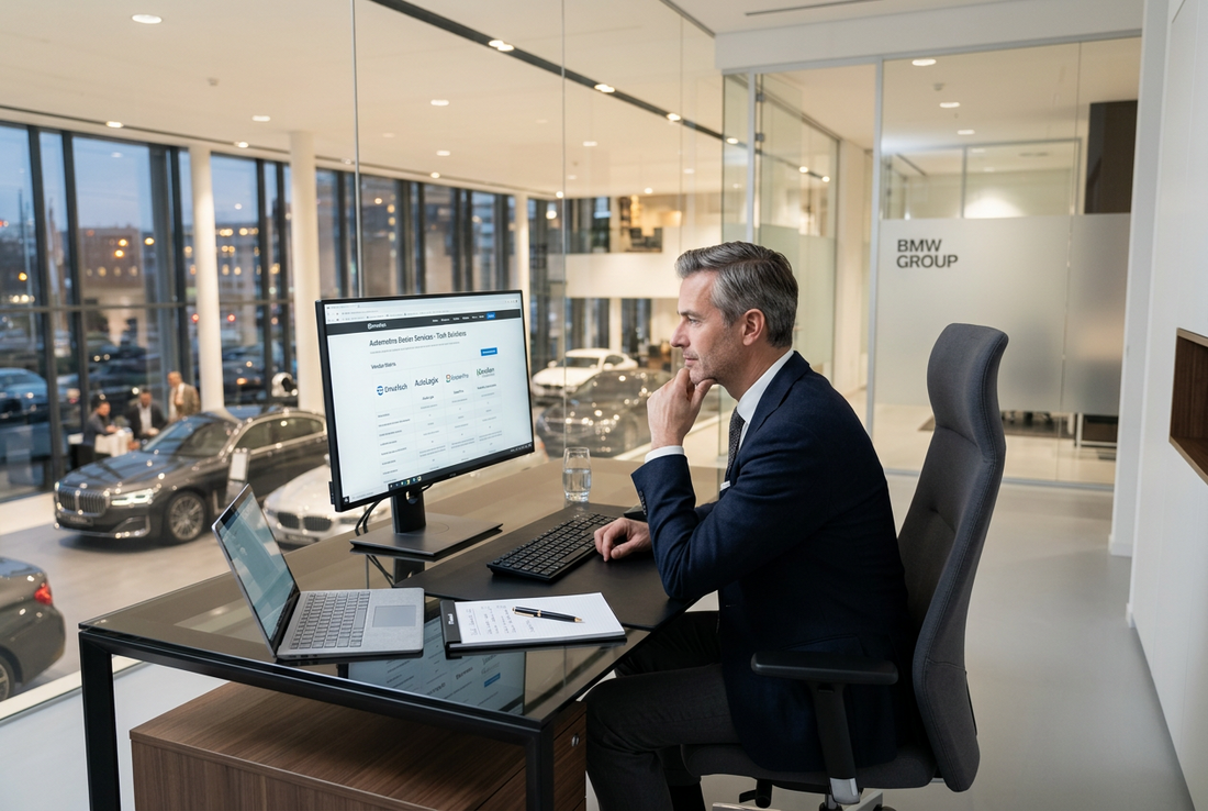 Dealership manager reviewing vendors at a desk
