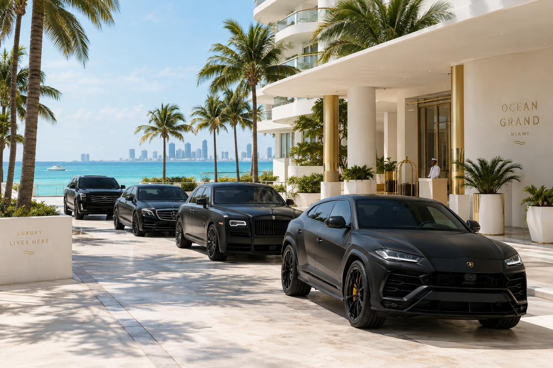 Fleet of black luxury SUVs outside a seafront hotel in Miami