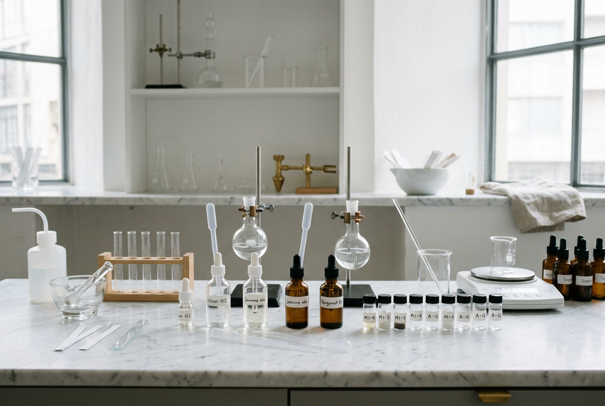 Minimalist fragrance laboratory with glassware