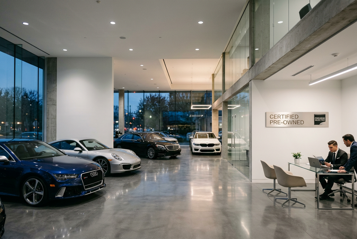 Minimalist certified pre-owned car dealership showroom