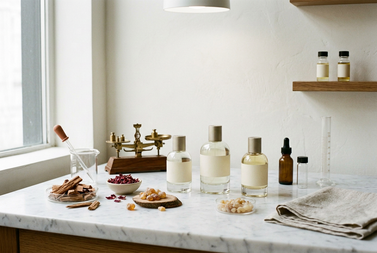 Perfumer's workbench with fragrance bottles and raw ingredients
