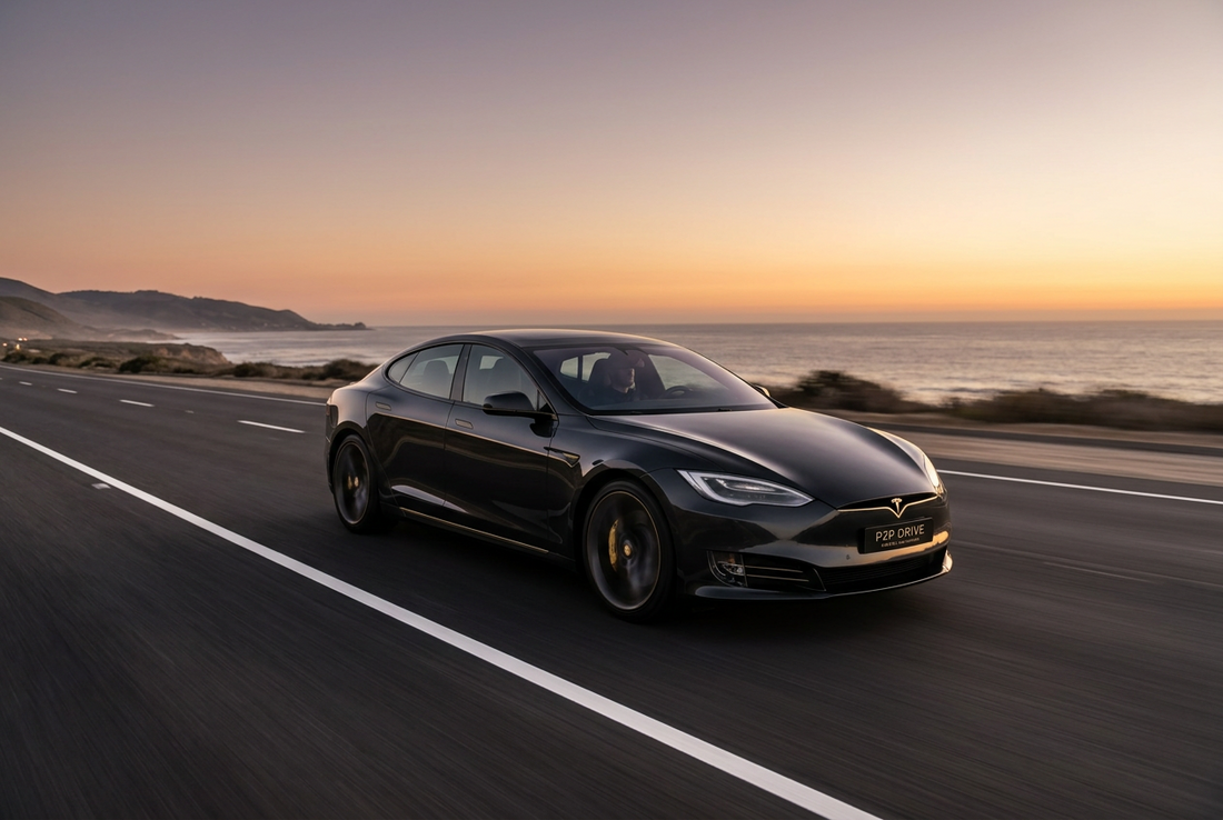 Black electric car driving along a coastal road at sunset