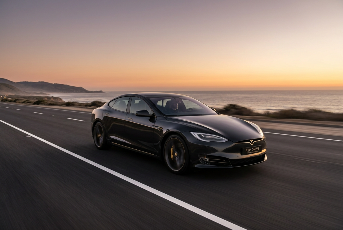 Black electric car driving along a coastal road at sunset