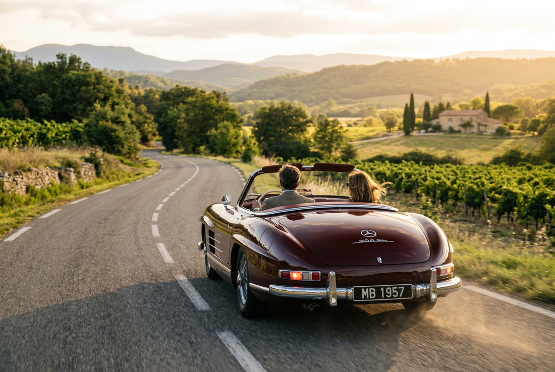 Vintage convertible driving through the countryside