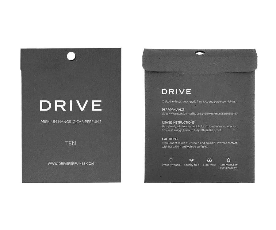 Front and back of the Drive TEN car perfume envelope