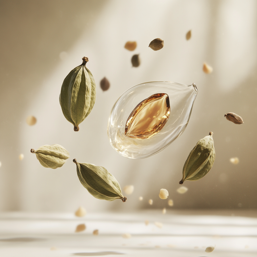 Cardamom pods floating around a drop of amber, fragrance ingredients